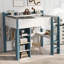 Lit mezzanine en bois avec tablettes de rangement intégrées, portemanteaux et bureau-657011223