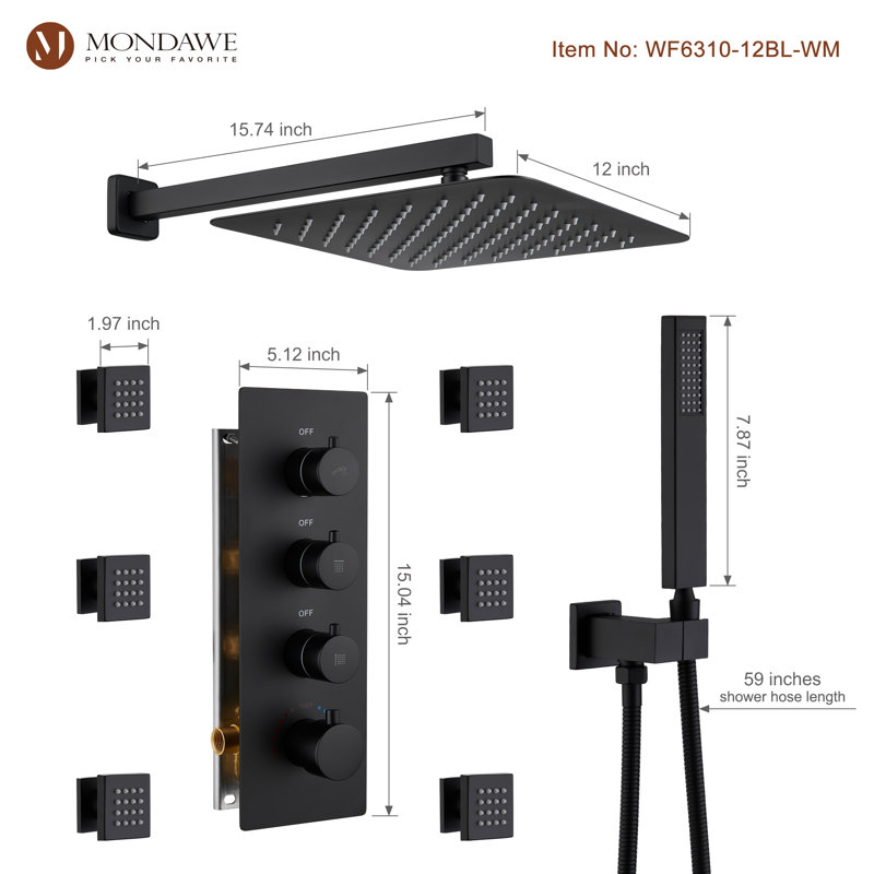 Herathena 3 Functions Wall Mounted Luxury Shower System with 6 Body Jets (Rough-in Valve Included), Matte Black