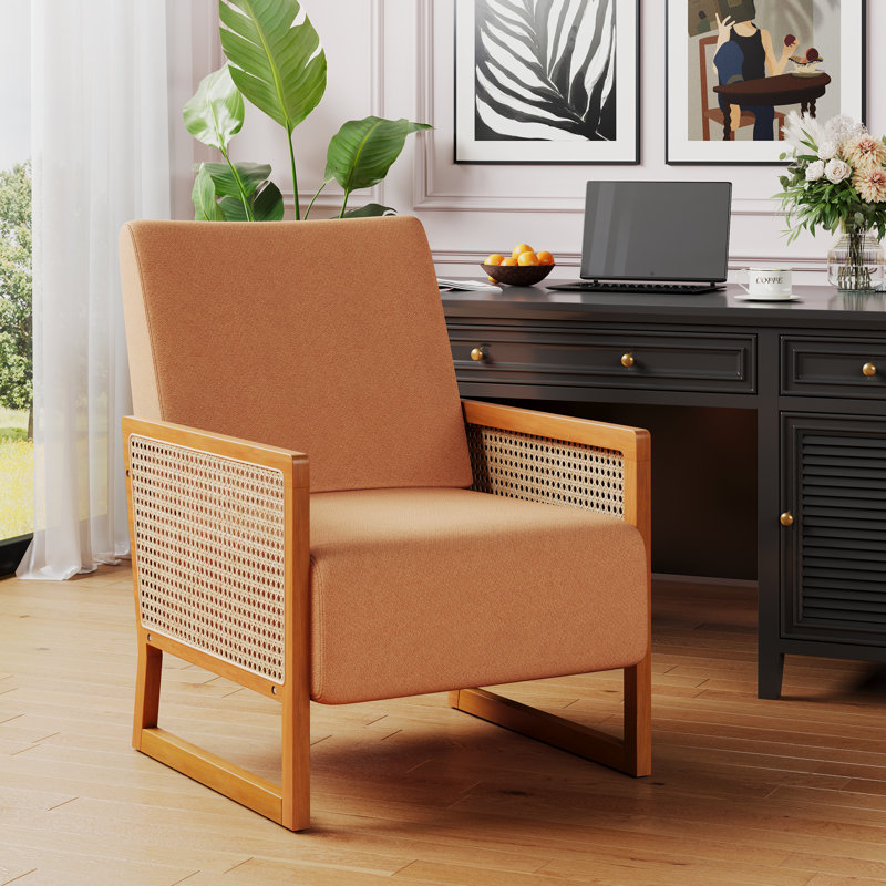 Upholstered Accent Chair With Rattan Arms And Solid Wood Legs, Orange Linen