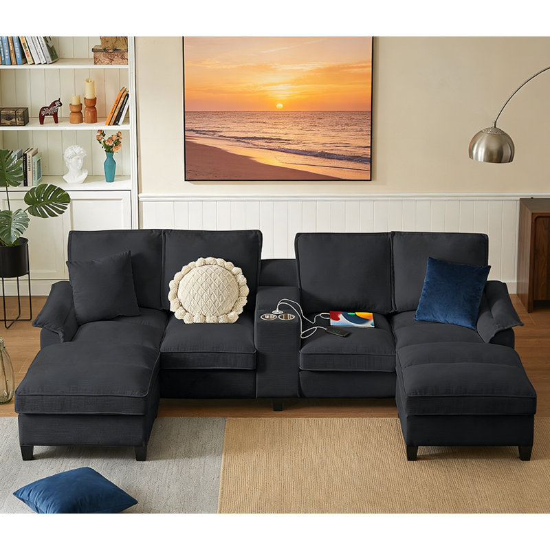 Modern U-Shaped Design, 4-Seatet Sofa, Black Corduroy