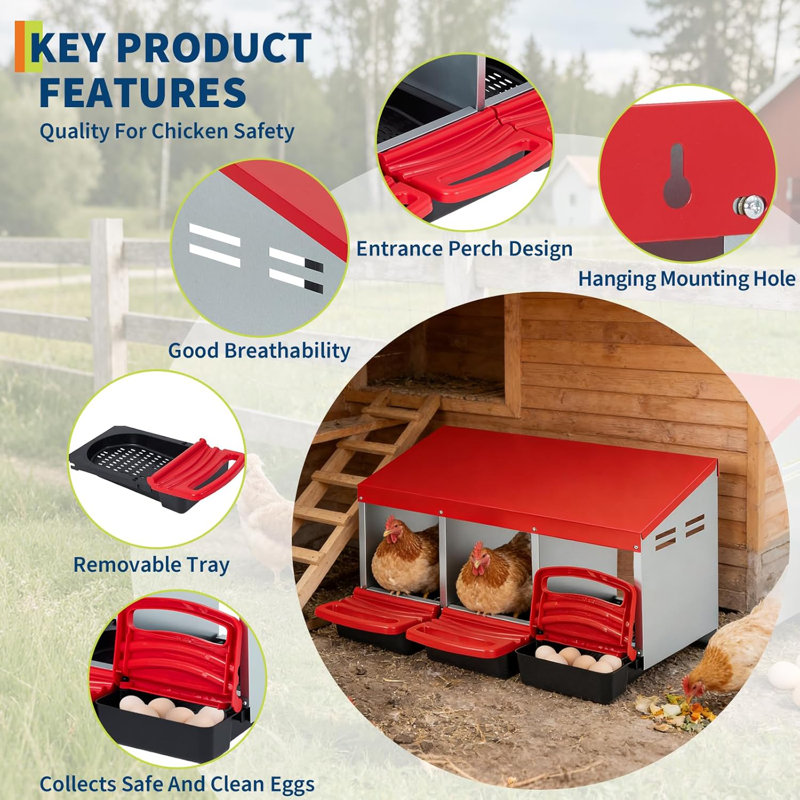 Red 3 Compartments Chicken Nesting Box Metal Chicken Egg Laying Boxes Swing Perch with Roll-Away Egg Collection Nesting Boxes for Hens