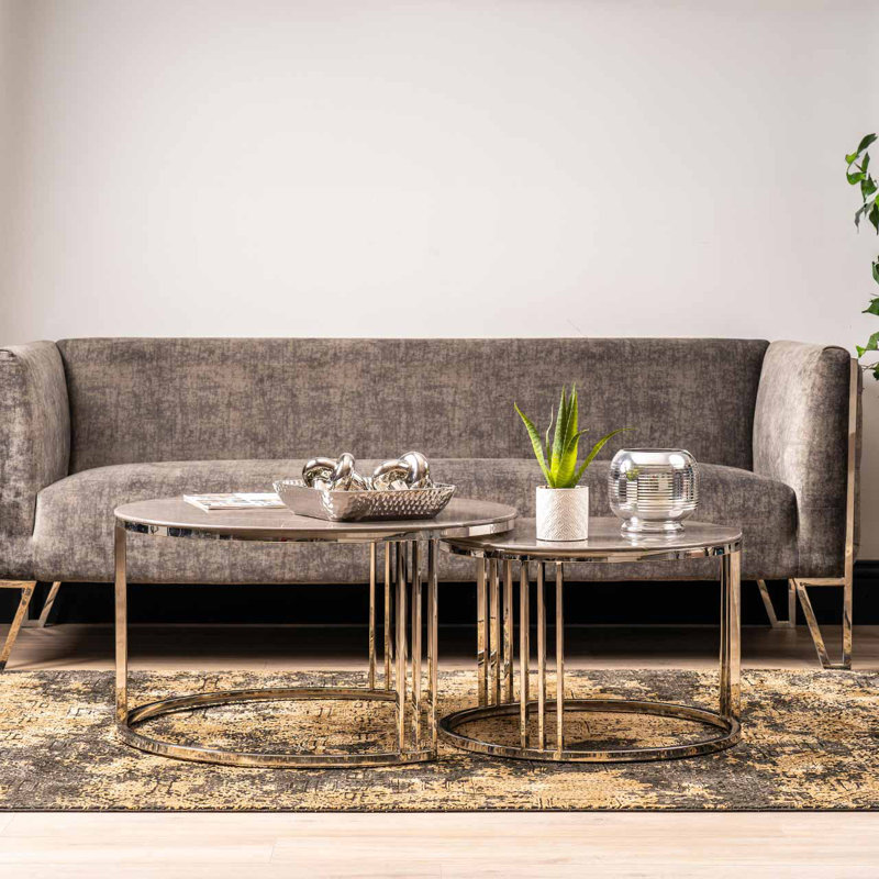 Axtin Metal Round Nesting Coffee Table For Living Room Furniture, Grey Marble Glass Top Centre Table