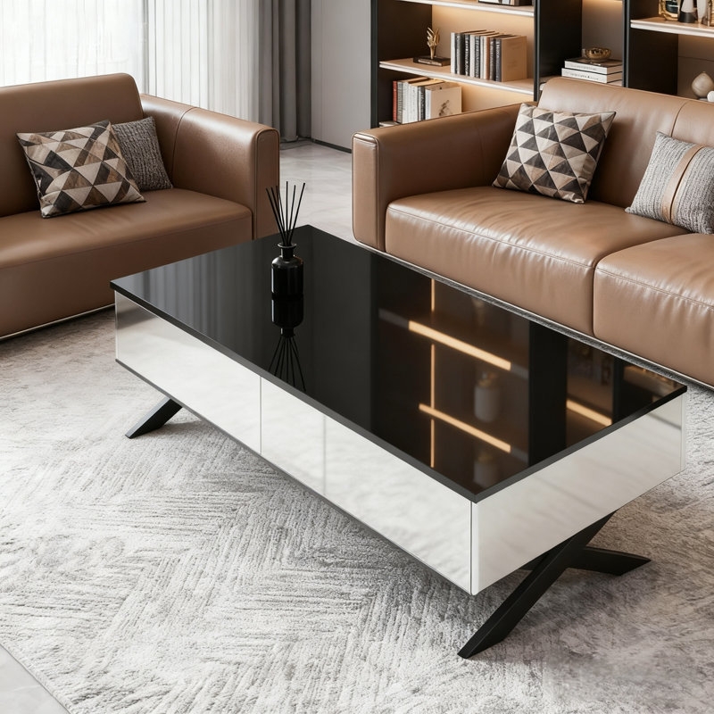 Table basse rectangulaire à miroir avec rangement et base en métal