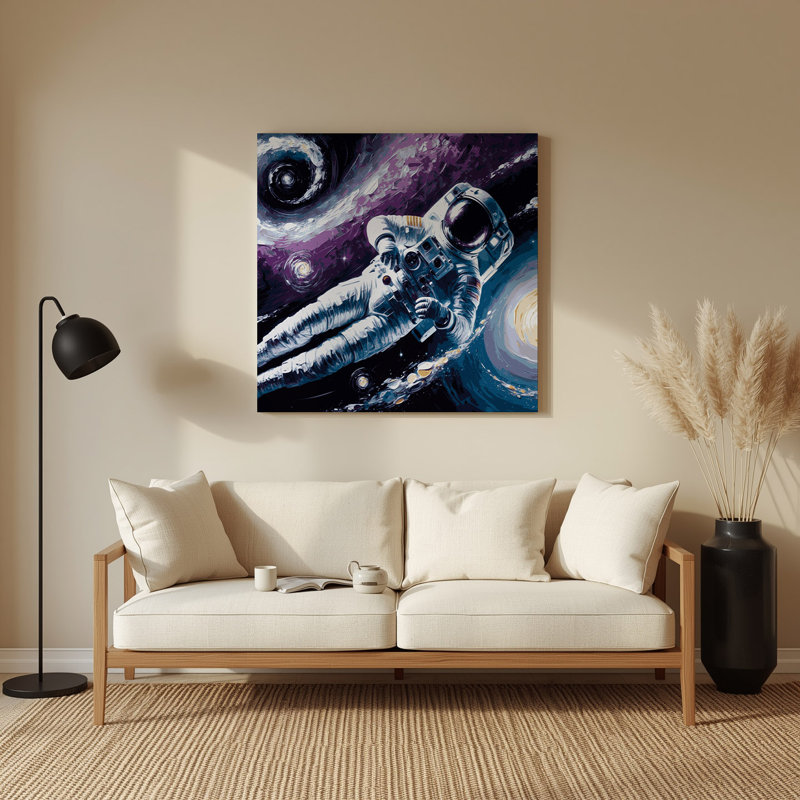 Astronaute de l'espace flottant dans l'espace gris, art mural en métal, H 144 po x l 144 po x P 0,05 po