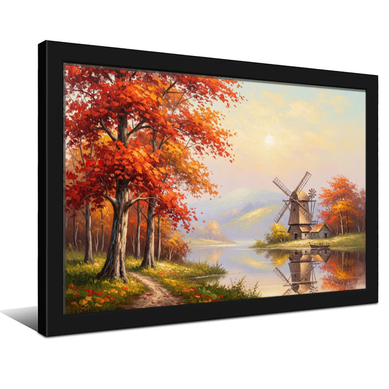 Plantes et fleurs, arbres d'automne, lac, moulin à vent, reflet de paysage, art, H 16 po x l 24 po, Toile tendue