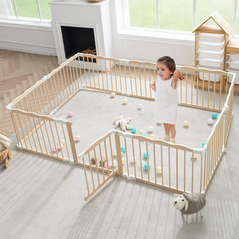 Parc pour bébé pliable en bois massif avec plateau en forme de vague, H 24 po x l 87 po x P 56 po