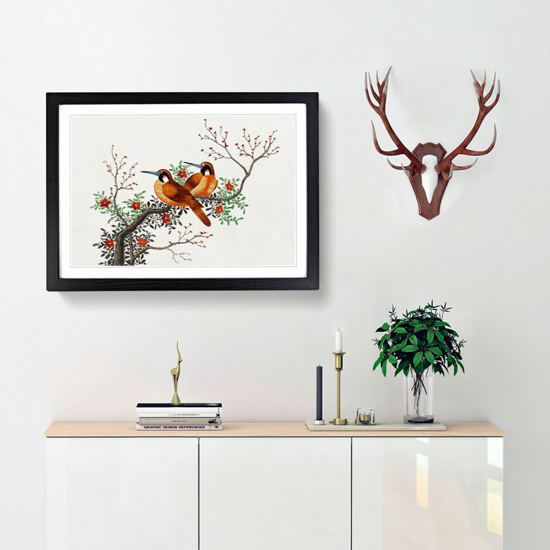 Two Birds on a Flowering Tree - Picture Frame Painting Print, 27cm H x 36cm W x 2cm D, Black Framed