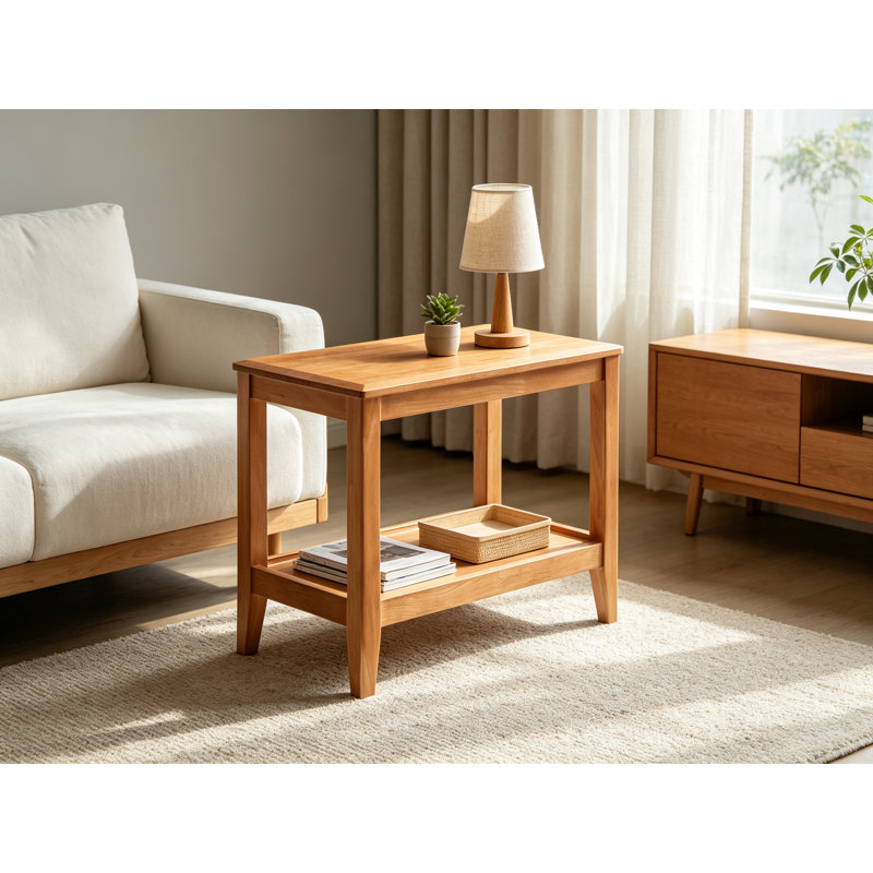 Table d'appoint en bois d'hévéa massif brun cerisier, table d'appoint rustique à 2 niveaux avec tablette de rangement ouverte, table d'appoint rectangulaire pour canapé de salon, support pour plantes d'intérieur