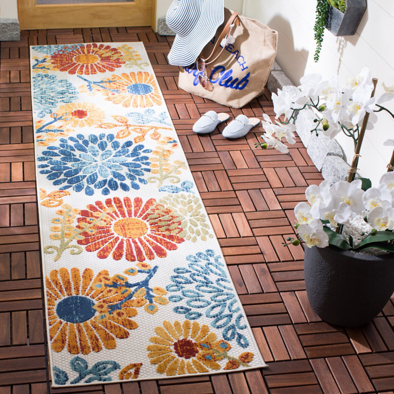 Tapis d'intérieur / extérieur floral Kellems Performance, Tapis de couloir 2 pi x 6 pi, Blue/Orange/Cream