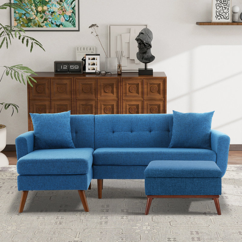  80'' Wide Sofa-And-Chaise Sectional Set With Ottoman Tufted Upholstered Living Room Set, Blue Linen