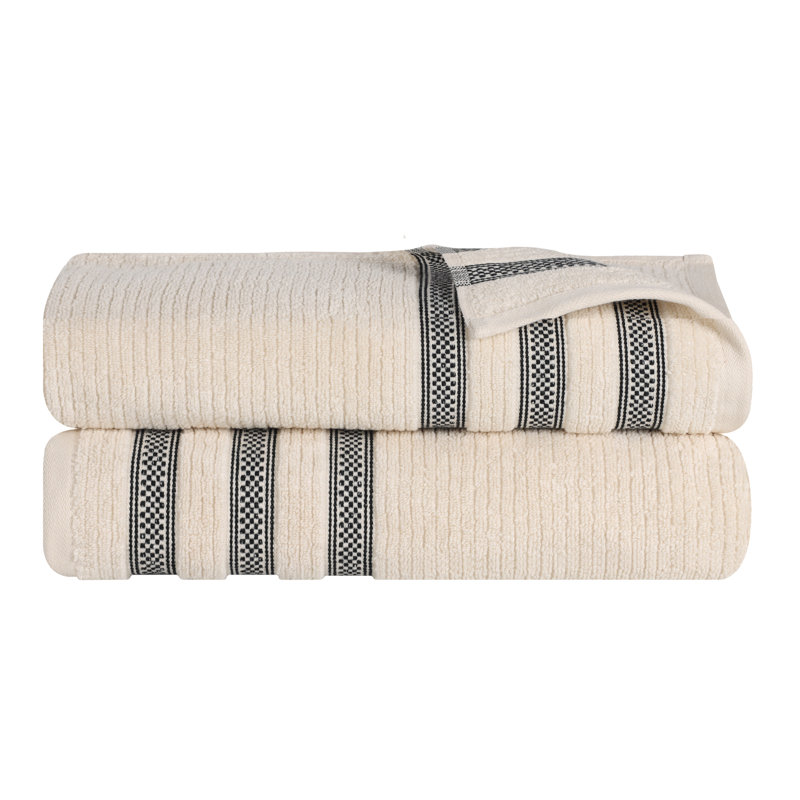 Zero Twist Cotton Ribbed Modern Geometric Border Soft Highly-Absorbent Bath Sheet Set, Ivory