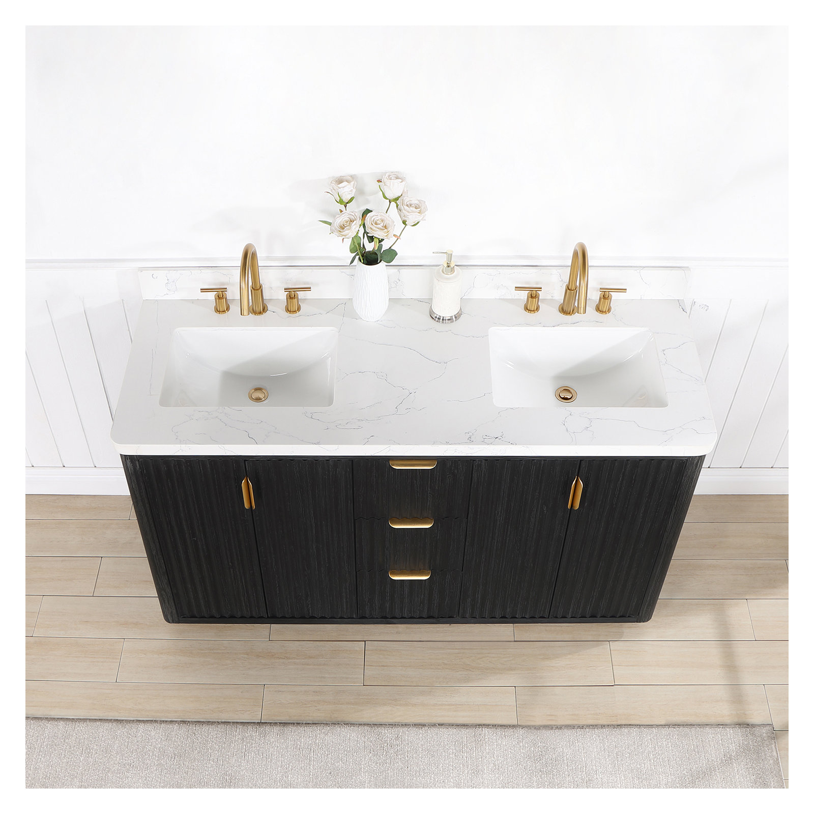 Adela 60'' Double Bathroom Vanity, Black, White, Gold