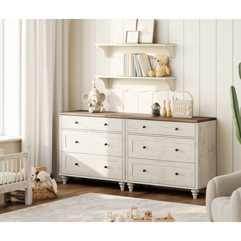 Kids Dresser With 6 Drawers,Mid Century Modern Wooden Closet Storage Organizer,Rustic White Baby Dressers With Wide Chest Of Drawers For Bedroom, Large Wood Dressers For Living Room, Nursery, Hallway