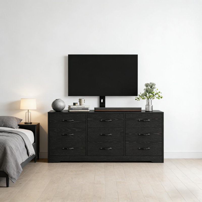 TV Stand with Mount, 9 Drawers Dresser for Bedroom, Wood Television Stand with Adjustment for 32-85 inch TVs, Large Entertainment Center Media Console for Living Room