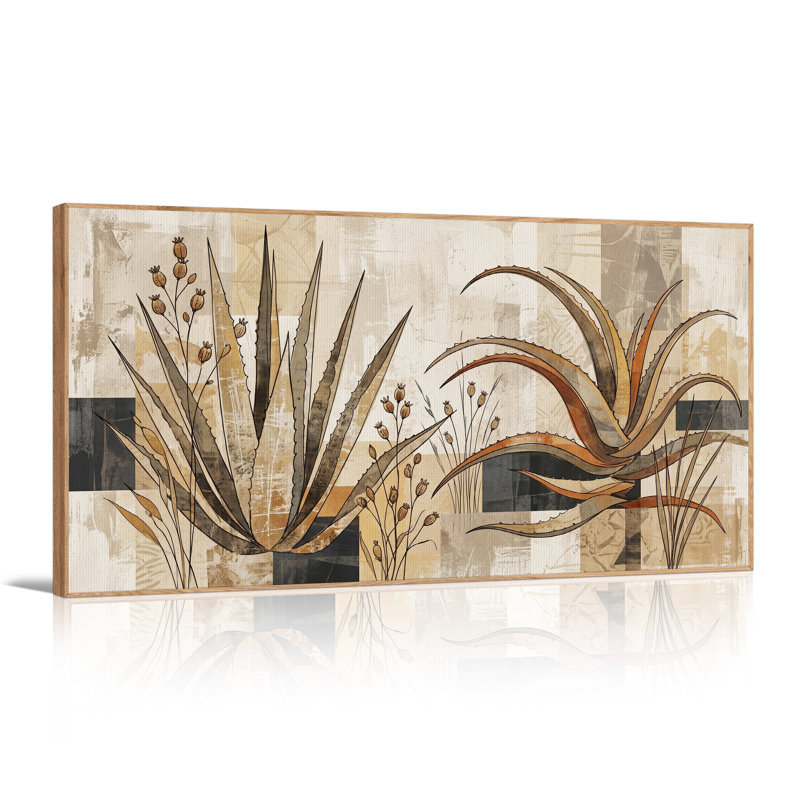 «Rust and Beige Agave Plants» sur fond géométrique, art mural sur toile