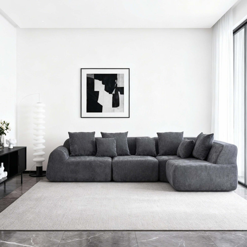Canapé modulaire courbé surdimensionné en velours avec méridienne en L, sans assemblage requis, Velours - gris