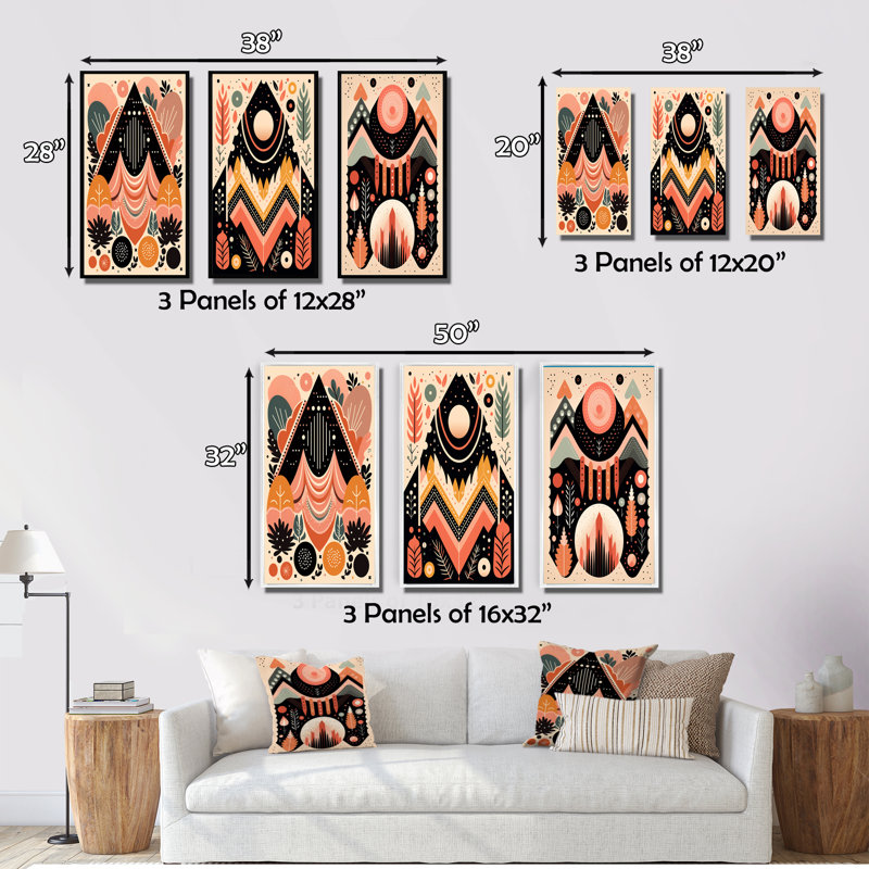 «Bohemian Tribal Geometric In Retro Pink I», 3 pièces sur toile, Cadre flottant doré, H 28 po x l 36 po