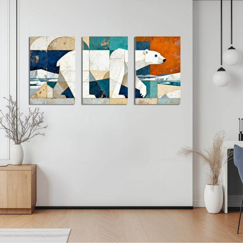 Tableau abstrait géométrique sur toile tendue représentant un ours polaire (lot de 3), H 18 po x l 36 po