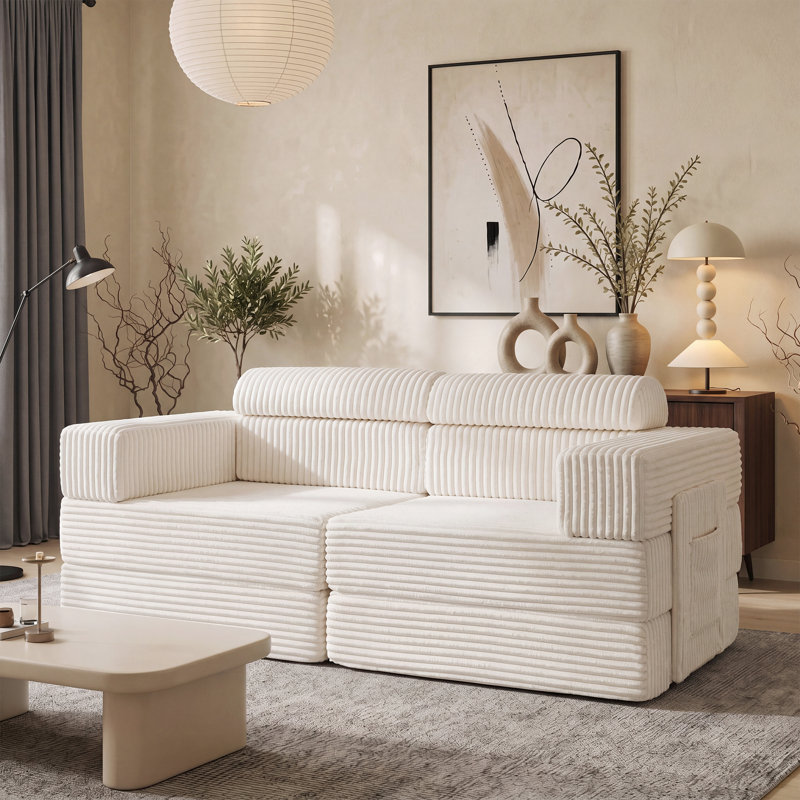 Sisler 71" Boneless Sofa Upholstered Corduroy Couch Sleeper, Beige Corduroy