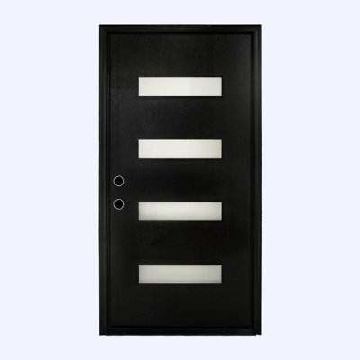 36 in. x 80 in. Black Fiberglass Front Door with Frosted Glass and Brickmould Design