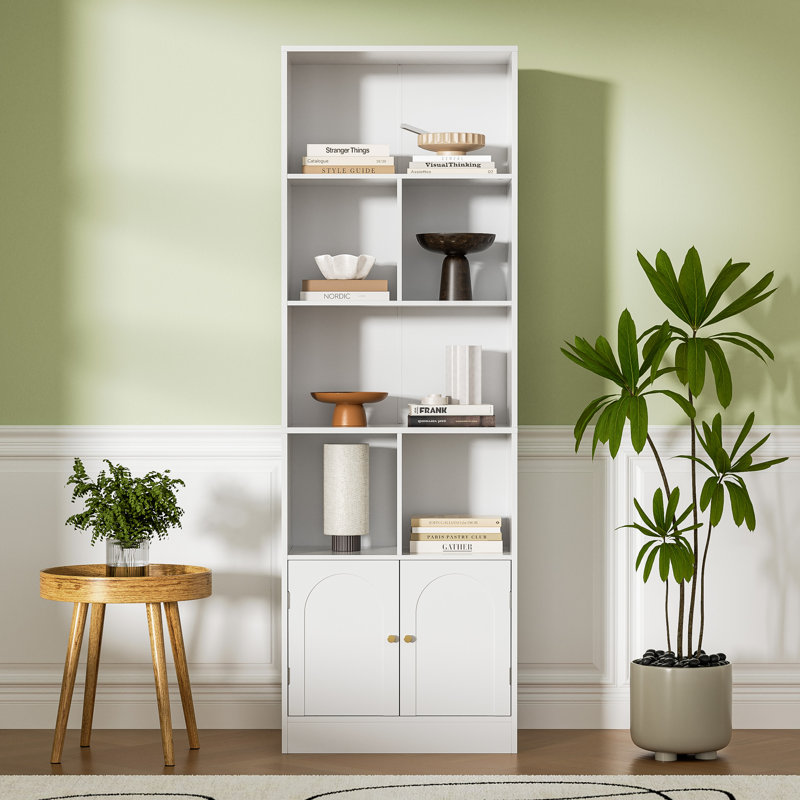 71" Tall Bookshelf With 6 Cubes And 2 Doors, 4-tier Bookshelf, Open Shelf Bookcase With Cabinet, Modern Cube Storage Organizer For Living Room, And Office, White