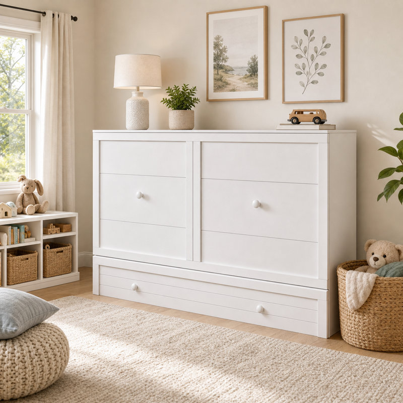 Lit escamotable moderne avec 2 tiroirs de rangement, 2 ports USB et tablette de chevet, blanc, White, Full