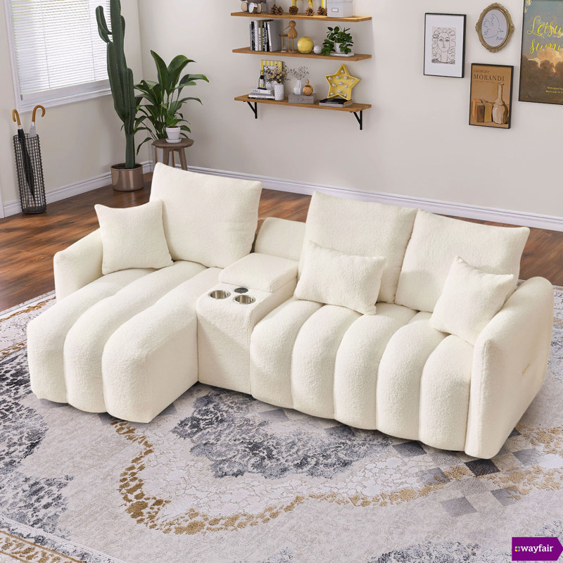 Naomi 91.73 "W Fixed L-shaped teddy fleece sectional, with USB Port And Center Console., Beige Teddy