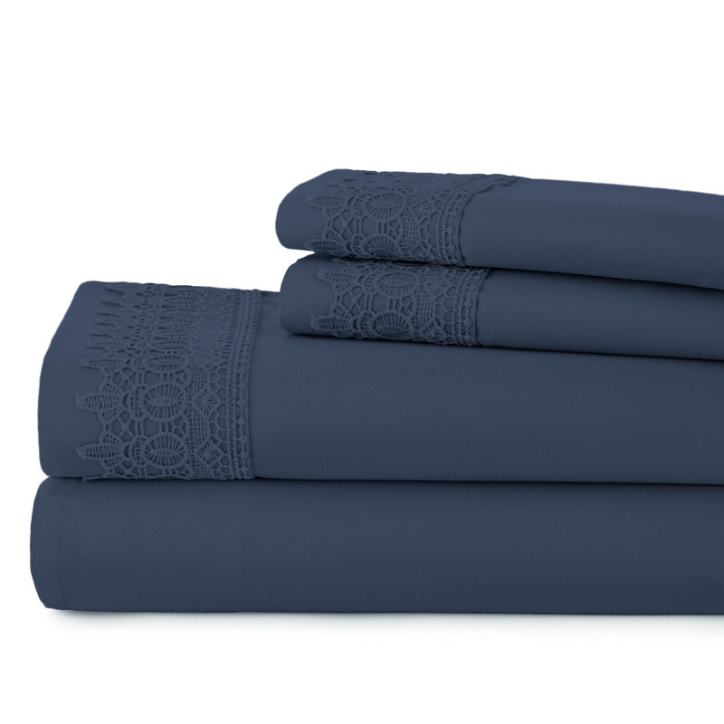 Jaquil Extra Deep Pocket Microfiber Sheet Set with Lace Hem, Queen, Dark Blue