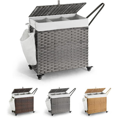 CAPHAUS Rattan Laundry Basket with Wheels, 140L-160L Capacity, Removable Liner Bags, 3colors