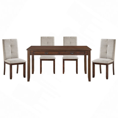 Dark Cherry 5Pc Dining Set Table And 4 Side Chair Chenille Upholstery Functional Drawers Table Wooden Funiture Dining Kitchen Set