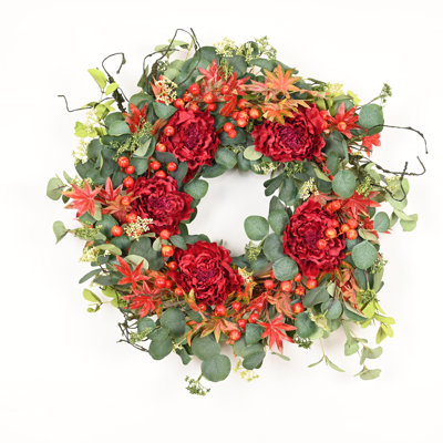 24" Artificial Farmhouse Fall Harvest Thanksgiving Day Greenery Eucalyptus Maple Berry Peony Floral Wreath For Front Door