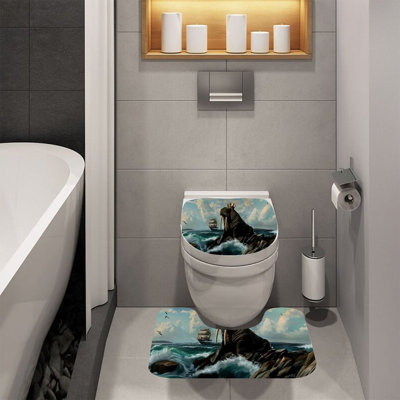 Nautical Crowned Walrus Set of 2 Shower Rug For Private Bath & Cabin Space, Grey