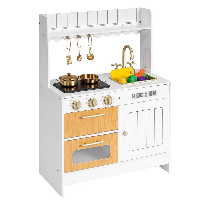 Play Kitchen for Kids, Wooden, Kids Kitchen Playset with Real Lights & Sounds, Food & Cookware Accessories, Pretend Play Toy Set, Sink, Oven, Stove, Cabinet, for Toddlers, Ages 3-8