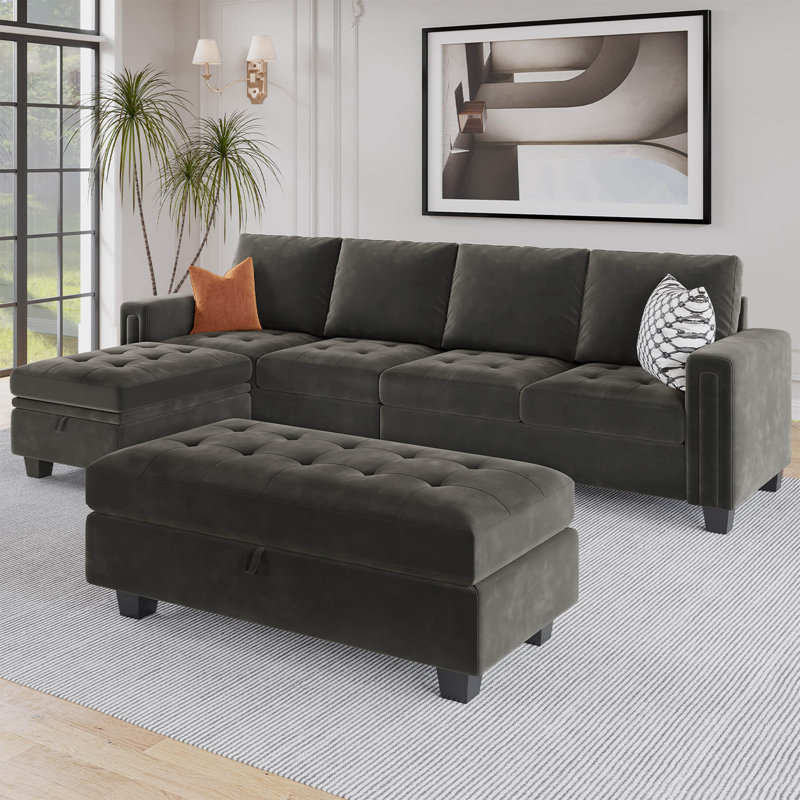 Shavera Velvet Upholstered Modular Sectional Sofa with Tufted Seat Cushions and Storage Ottoman, Gray