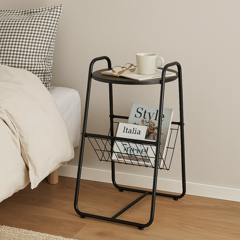 Coto Magazine Side Round Table, End Table with Magazine Holder for Living, Black, Black