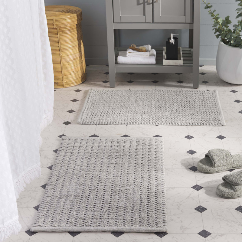 Oliva Textured Hatched Hand Woven Cotton Machine Washable Solid Color Bathmat, Steel Gray