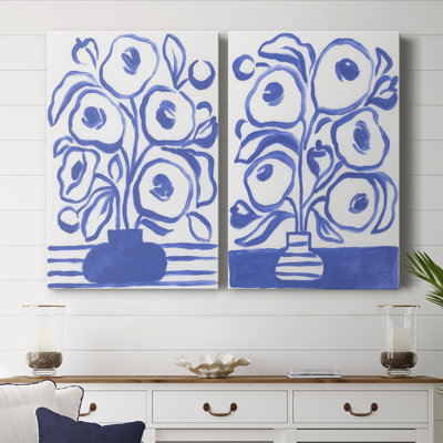 «Blue Brush Flowers I» - Toile tendue avec châssis de qualité supérieure - Prêt à accrocher