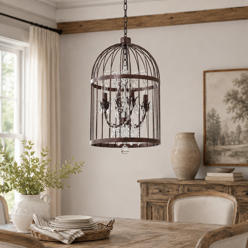 Lustre en cristal 4 lumières à cage d'oiseaux rétro, luminaire suspendu industriel à hauteur réglable pour salle à manger, vestibule, bar