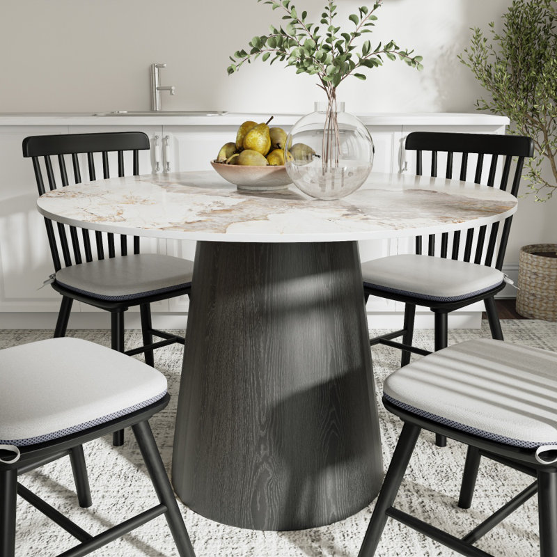 43" Colorful Round Pedestal Dining Table, Solid Wood And Sintered Stone, Gemstone Black, , For Tea Time In Home Table With Stone Top, 75.41 Lb, Mid - Century Modern, Displaying Books
