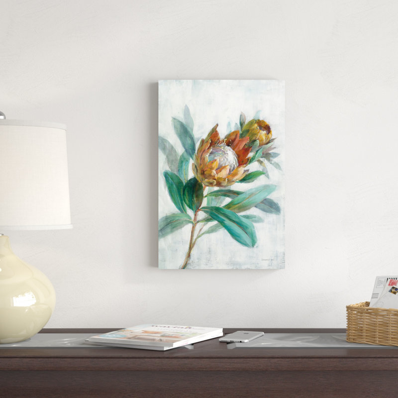 «Tropical Protea Crop» par Danhui Nai - peinture sur toile tendue, H 18 po x l 12 po