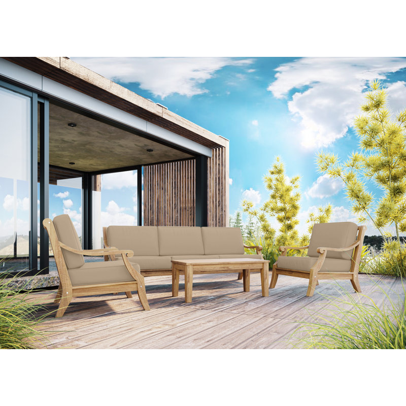 Adrien 4-Piece Teak Outdoor Patio Set with Fawn Cushions