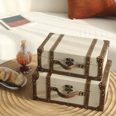 Ensemble de 2 coffres décoratifs en lin recouverts de tissu de valise rétro
