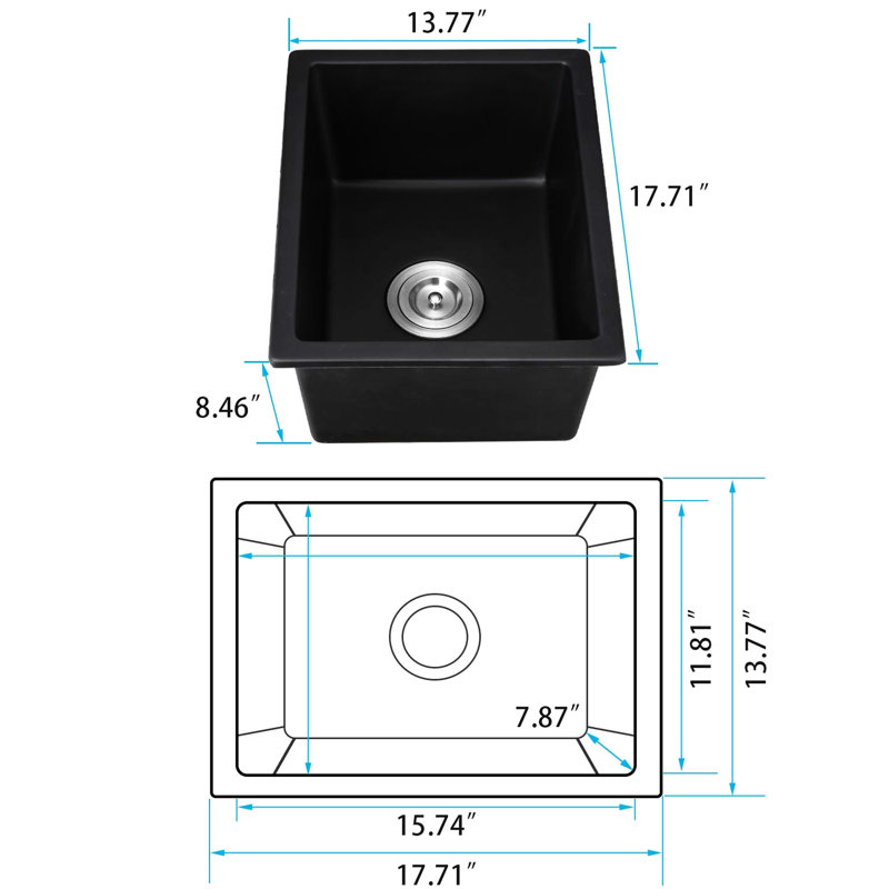 Évier à quartz L 13,66 po x l 18,2 po - Thermoformé moulé pour plus de solidité avec panier et crépine x eau de congélation durable