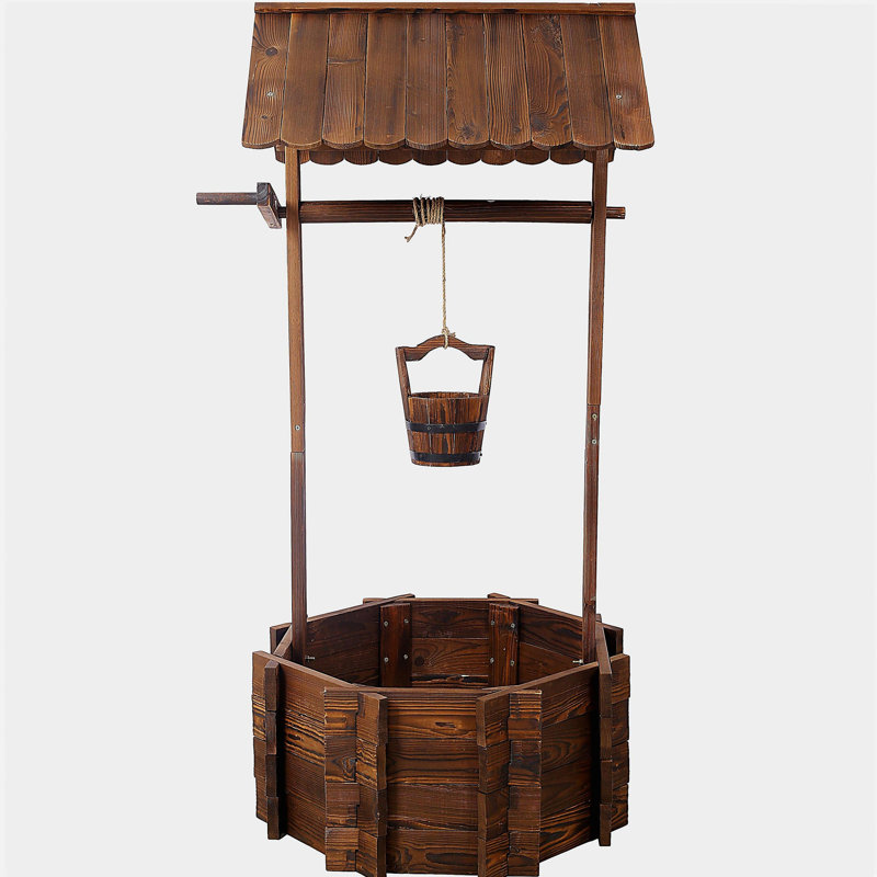 Rustic Wooden Wishing Well Planter Outdoor Home Décor for Patio, Garden, Yard w/Hanging Bucket