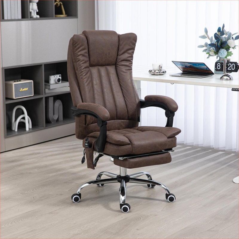 Fauteuil de bureau de massage à dossier haut de 24,5 pouces de large, siège inclinable en tissu de couleur brune avec repose-pieds rétractable Home Office