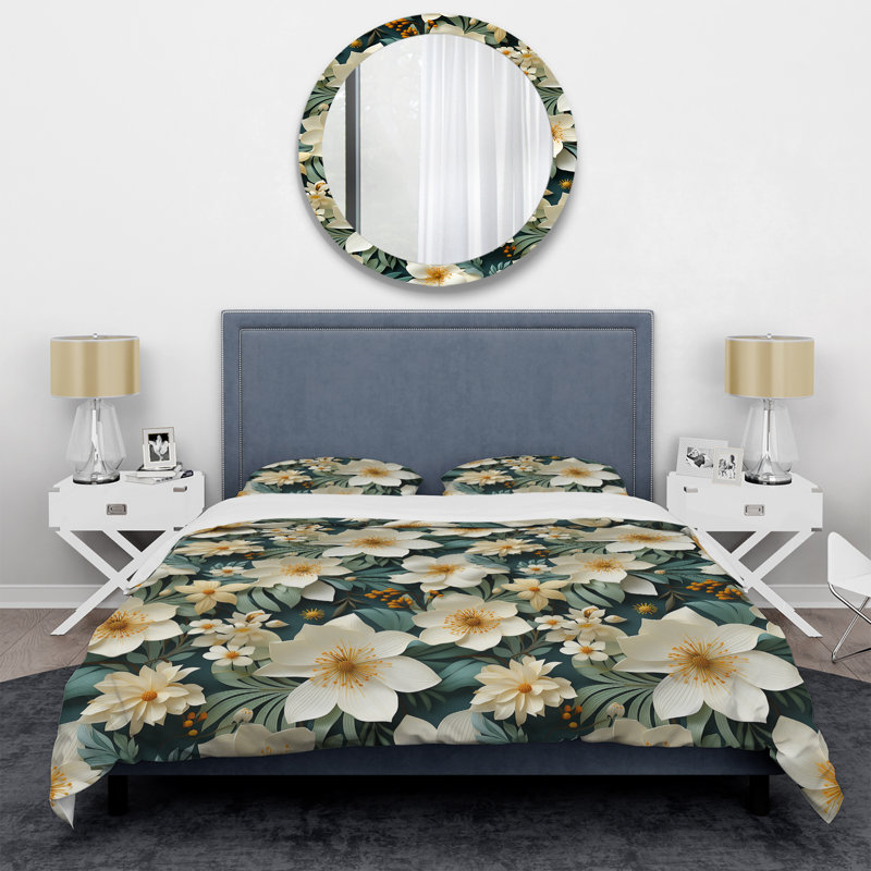 Motif botanique blanc et vert élégant - ensemble de housse de couette floral - polyester microfibre