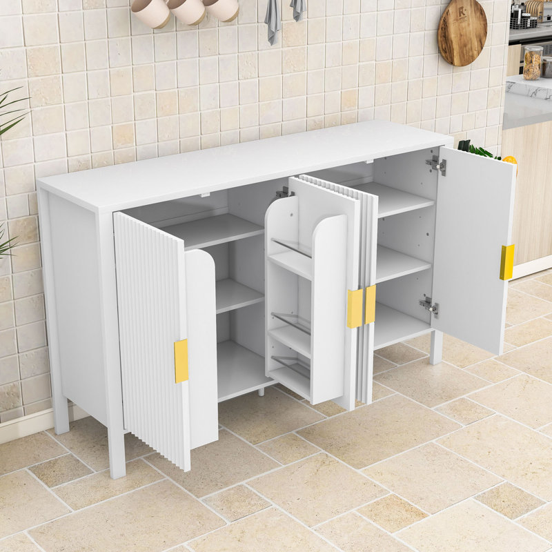 Modern Stripe Door Sideboard with Side Hooks, Adjustable Shelves and Hidden Back-of-Door Racks, White