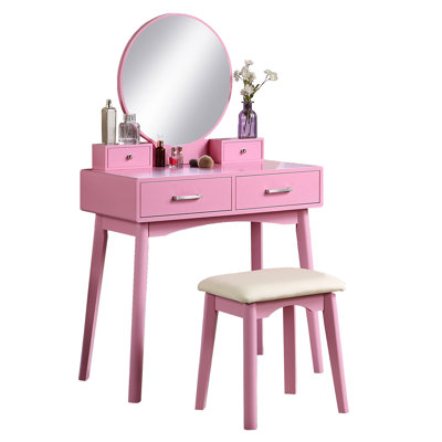 Pink Wood Makeup Vanity And Stool - Modern Style With Metal Drawer Pull Cushion Dressing Seat Contemporary Design Solid Frame