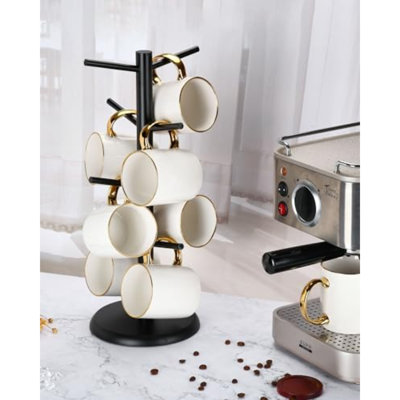 Coffee Mug Tree With 8 Hooks, Mug Tree Stand, Bamboo Coffee Cup Holder, Countertop Mug Tree, Mug Stand Kitchen Organizer, Cafe Accessories Decor & Kitchen Organizer Storage Stand (Black)