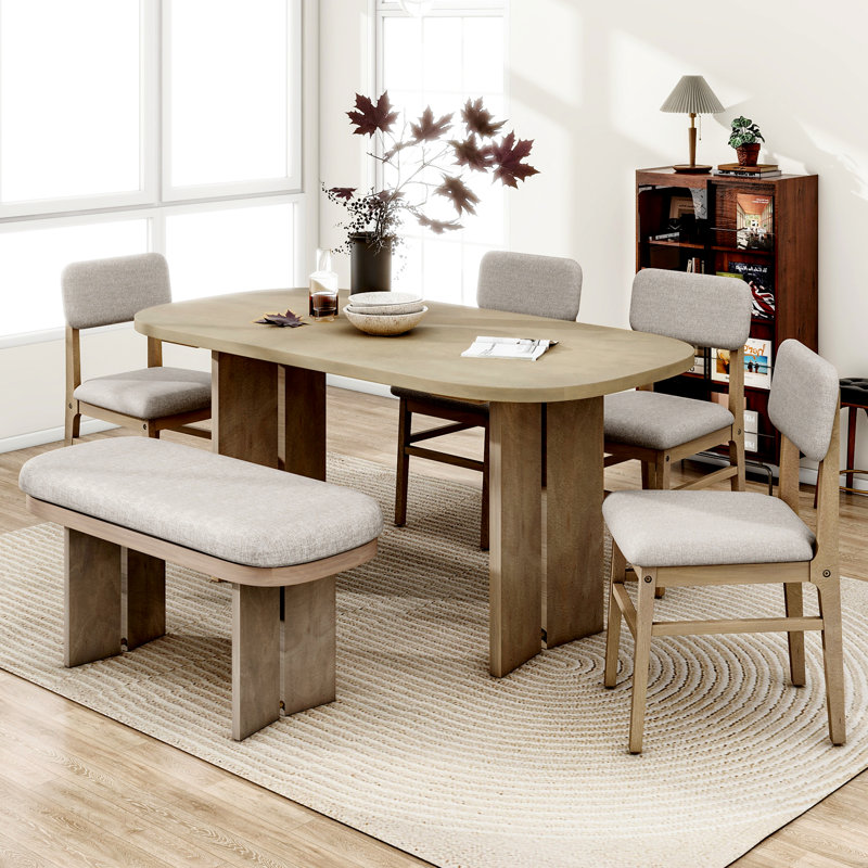 Solid Wood Dining Table Set With Bench - 6-Piece Upholstered Rectangular Dining Room Table Set With Bench, Brown/Beige